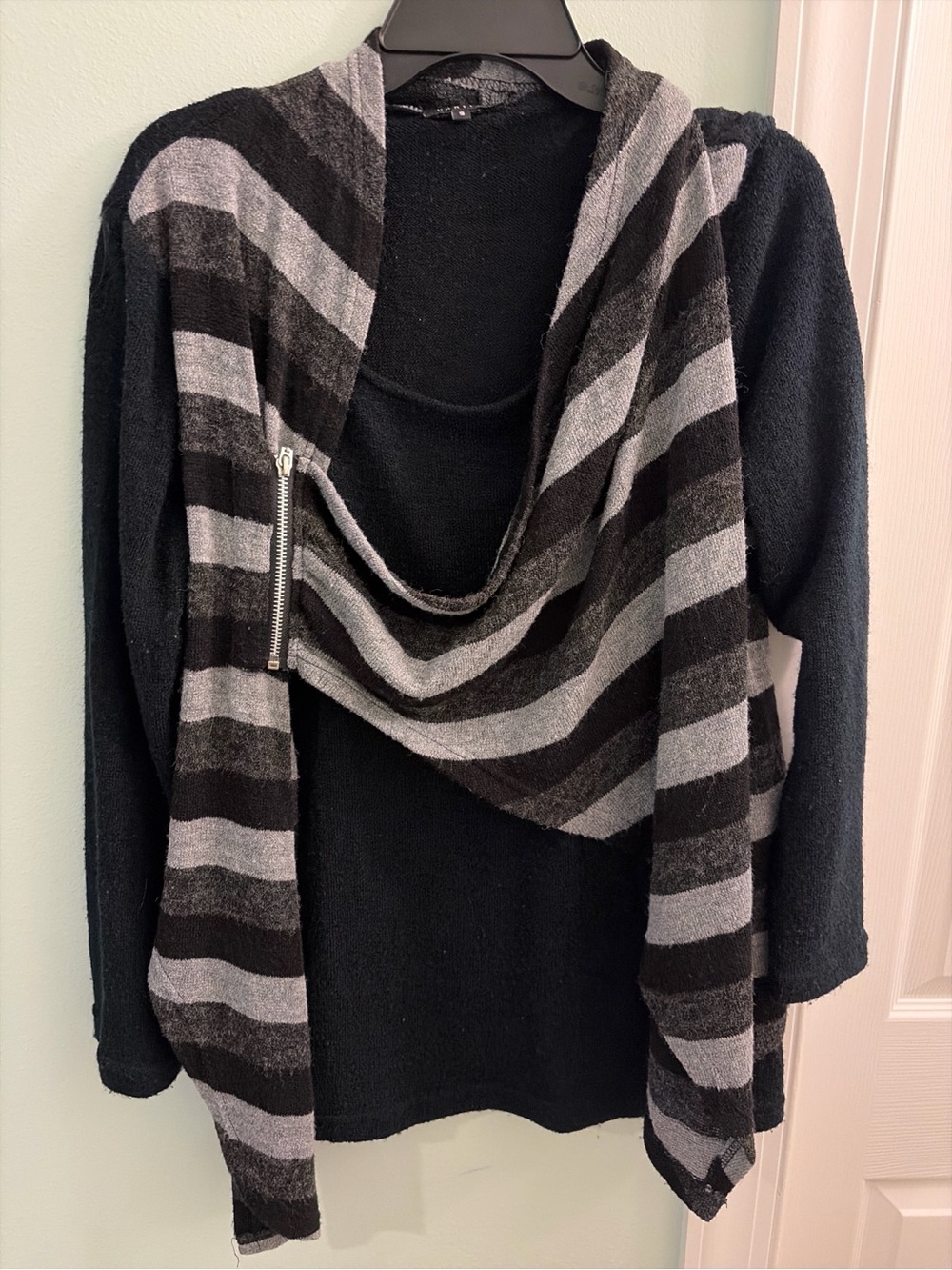 Striped Draped Cowl Neck Sweater - Black & Gray